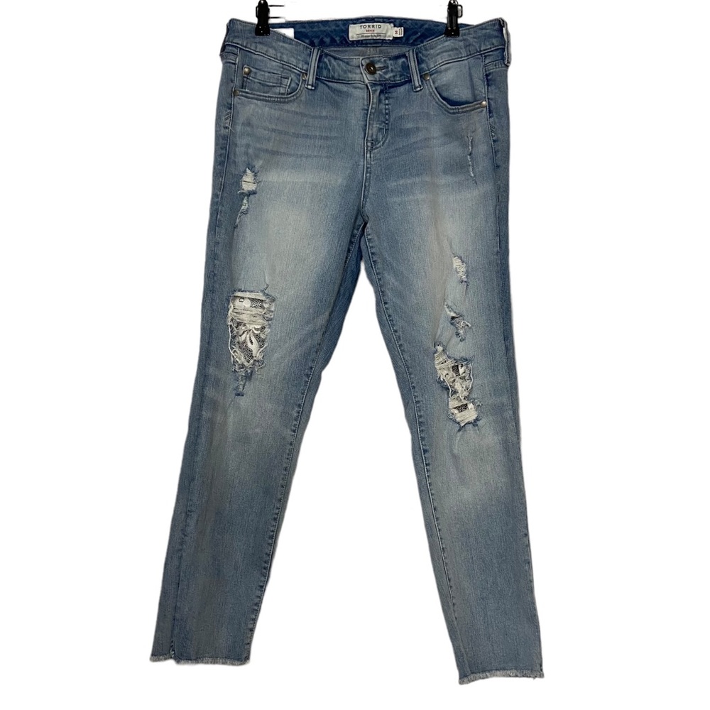 Torrid Boyfriend Lace Insert Distressed Ankle Fray Hem Jeans Women’s Sz 14 Blue